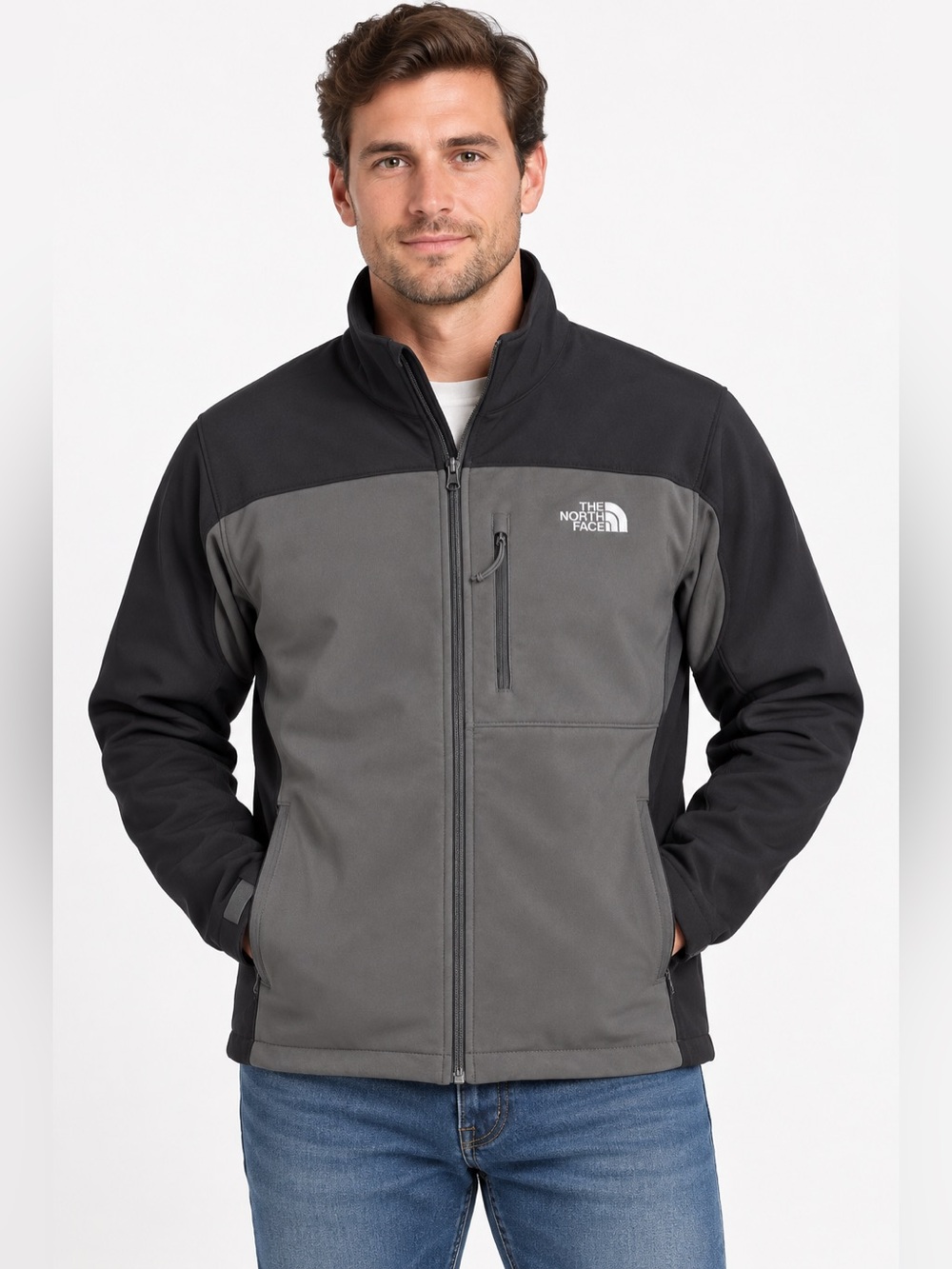 The North Face Men’s Large Softshell Jacket Black Gray Full Zip Fleece Lined